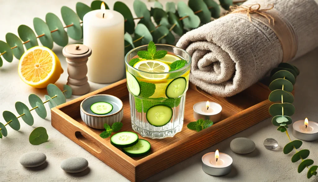 How to Detox Your Body from Smoking: Best Detox Drinks and Cleanses for Smokers 3 A spa-inspired detox scene with a glass of infused water containing lemon, cucumber, and mint on a wooden tray, alongside candles, a rolled-up towel, and eucalyptus leaves