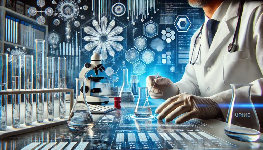 A high-tech laboratory setting where a scientist in a white coat and gloves analyzes a urine sample, surrounded by test tubes, beakers, and advanced drug testing equipment