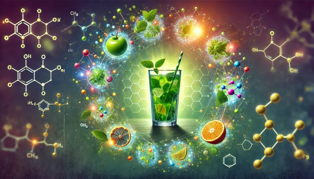 A conceptual detoxification scene featuring a vibrant detox drink with green and citrus ingredients, surrounded by glowing molecular structures symbolizing chemical breakdown and cleansing