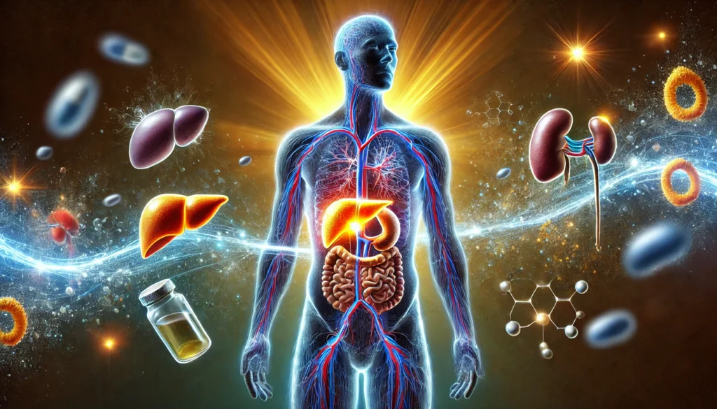 An artistic visualization of the human body's detoxification process, highlighting the liver and kidneys with a glowing circulatory system against a background transitioning from toxins to purified elements