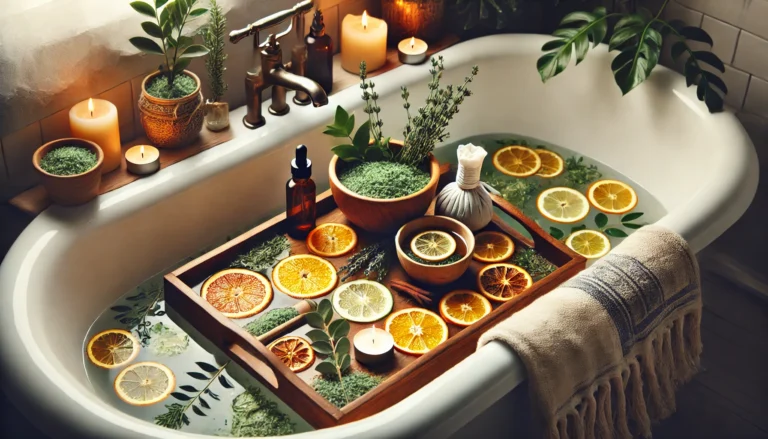 A tranquil home spa detox scene with a warm bath filled with floating citrus slices, herbs, and essential oils. A wooden tray rests across the bathtub, holding a bowl of detox bath salts, a candle, and a cup of herbal tea