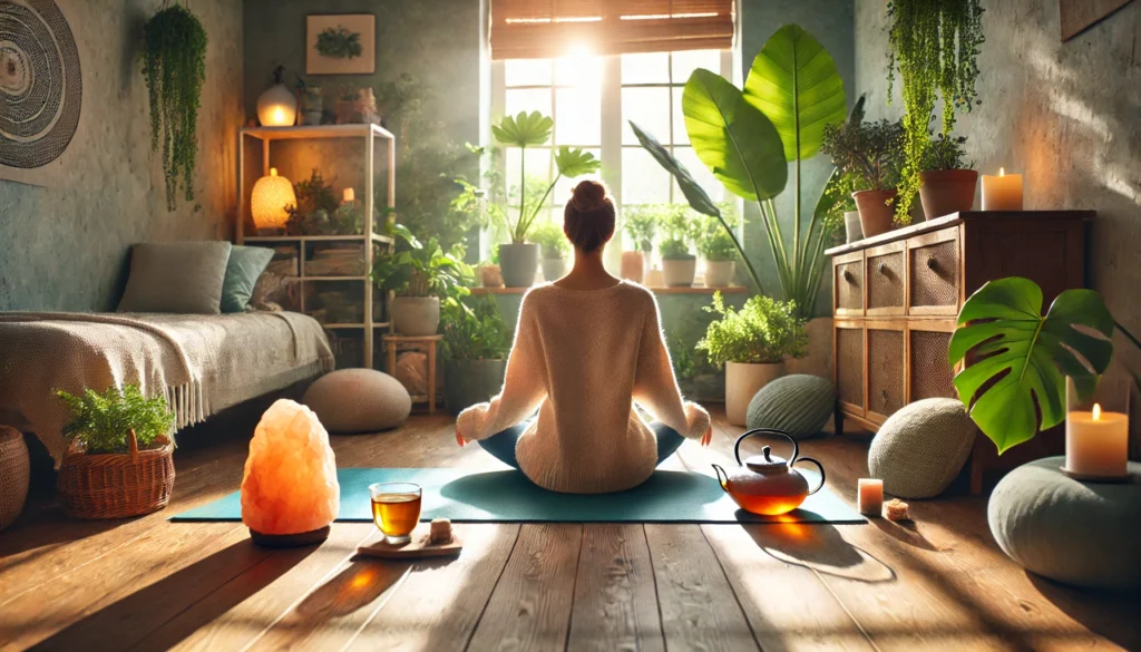 A peaceful yoga and meditation detox setting in a sunlit home space, featuring a person sitting cross-legged on a yoga mat, surrounded by indoor plants, a Himalayan salt lamp, and a cup of herbal tea, promoting relaxation and holistic cleansing