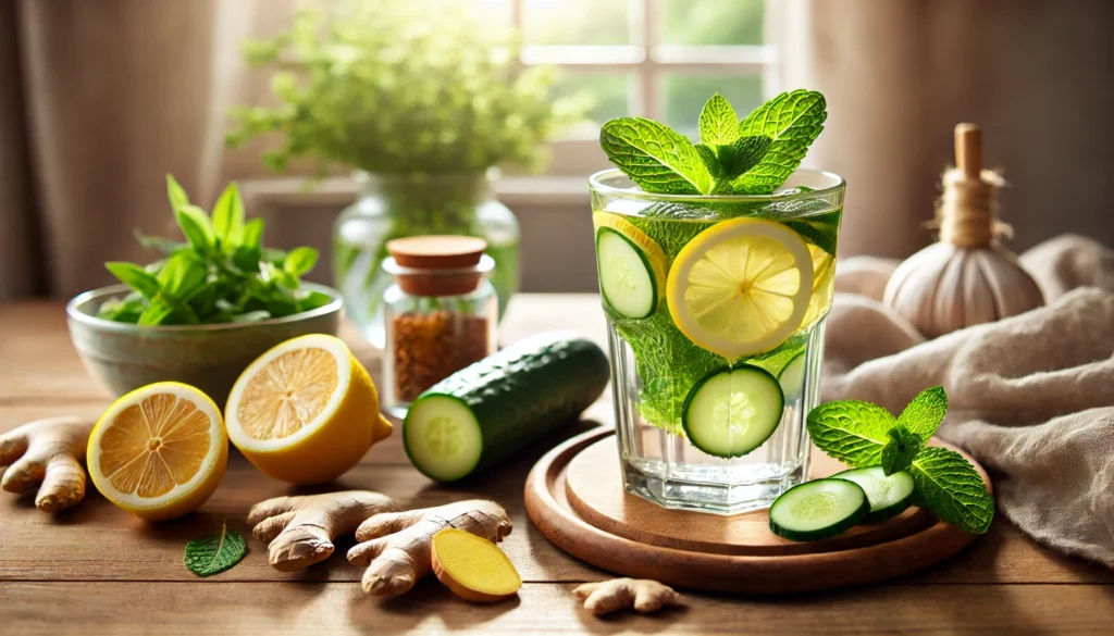 A refreshing detox setting featuring a glass of infused water with lemon slices, cucumber, and mint on a wooden table, surrounded by fresh detoxifying ingredients like ginger, turmeric, and green tea leaves in soft natural light