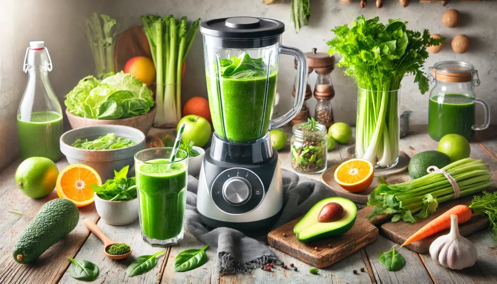 A vibrant kitchen detox scene with a blender filled with green detox ingredients such as spinach, celery, and avocado. Fresh fruits, detoxifying herbs, and a glass of freshly made green juice sit on a rustic wooden counter