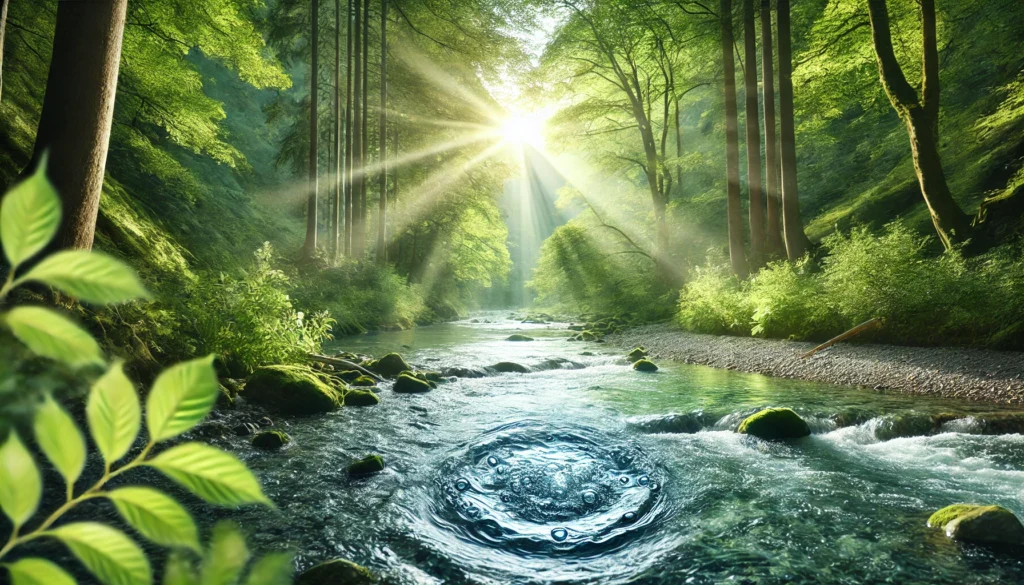 A serene natural landscape featuring a flowing river surrounded by lush greenery, symbolizing purification and detoxification. The clear water represents the body's natural cleansing process, with sunlight filtering through the trees to create a tranquil, rejuvenating atmosphere