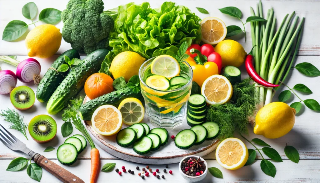 A vibrant detox-themed arrangement of fresh fruits and vegetables, including lemons, cucumbers, and leafy greens, alongside a glass of infused water. The bright colors and natural textures convey vitality, health, and internal cleansing