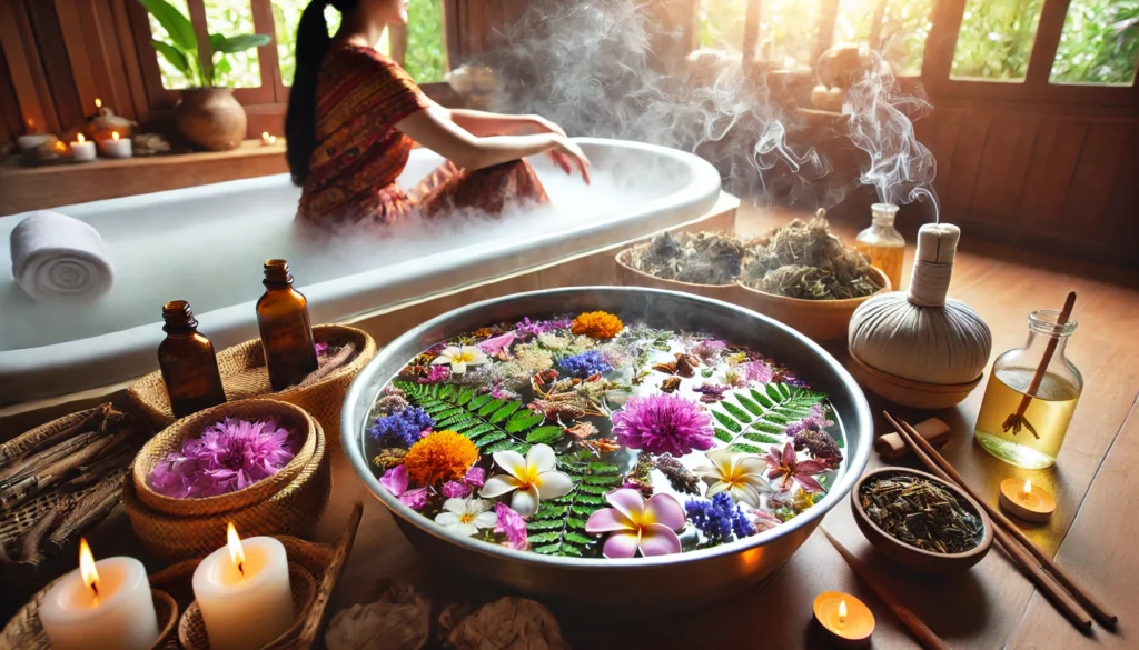 A peaceful spa setting with a woman relaxing in a herbal bath filled with flower petals and essential oils. Rising steam enhances the atmosphere of calm and detoxification, symbolizing the rejuvenating power of cleansing rituals