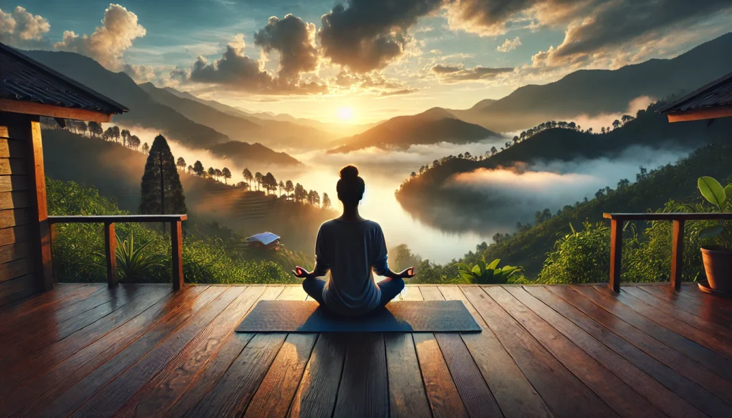 A serene yoga and meditation scene at sunrise, featuring a person sitting cross-legged on a wooden deck overlooking a misty mountain range. The peaceful atmosphere reflects mental and physical cleansing, inner balance, and holistic detoxification