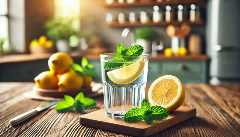 Fastest Way to Clean Urine for a Drug Test: Proven Detox Methods That Work 2 A clear glass of water infused with fresh lemon slices and mint leaves, placed on a wooden table with a blurred background of a healthy kitchen setting, symbolizing hydration and natural detoxification