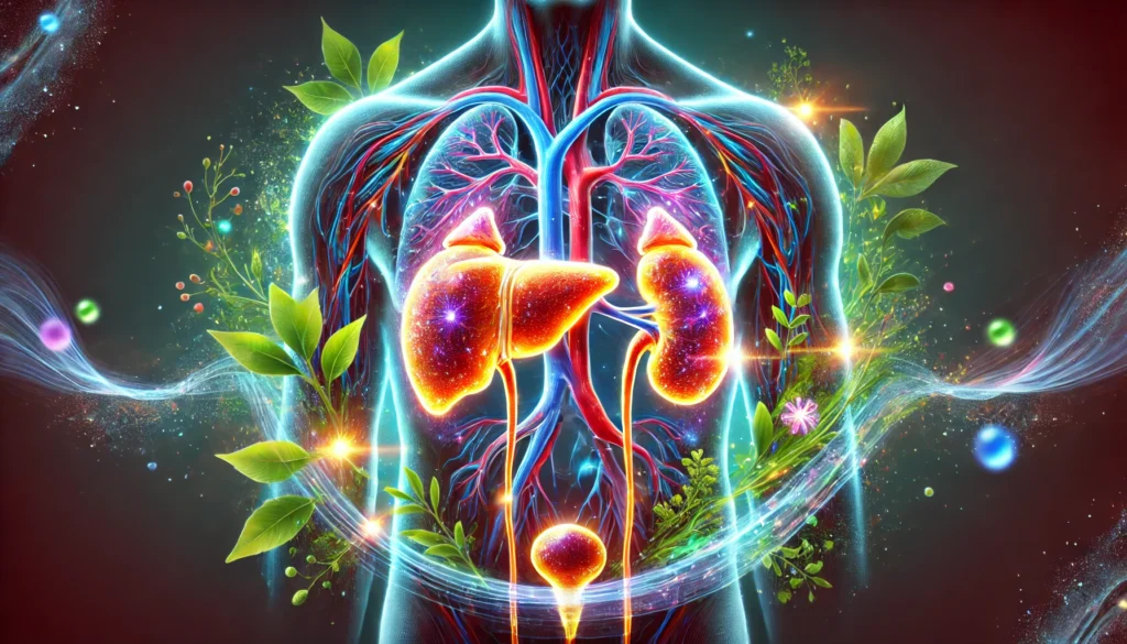 Fastest Way to Clean Urine for a Drug Test: Proven Detox Methods That Work 1 A digital illustration of the human liver and kidneys glowing with a vibrant, healthy aura, surrounded by swirling water and herbal elements, visually representing the body's natural detoxification process