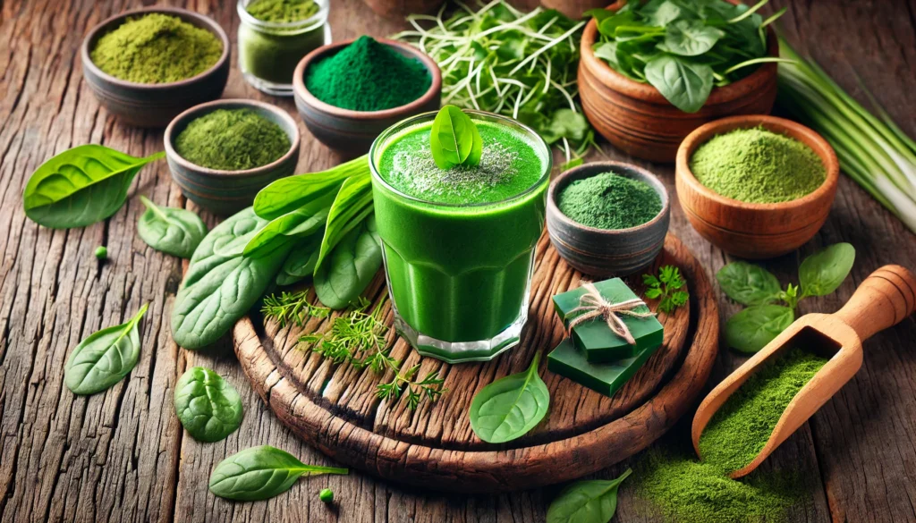 Chlorella Detox: How This Superfood Supports Natural Cleansing and Heavy Metal Removal 1 A vibrant green chlorella smoothie in a glass, placed on a rustic wooden table surrounded by fresh spirulina, matcha powder, and detoxifying herbs, symbolizing natural cleansing and superfood nutrition
