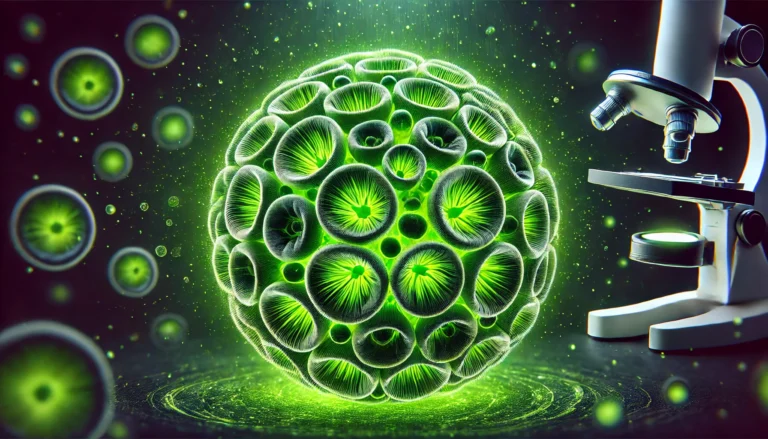 A visually striking close-up of chlorella algae under a microscope, showcasing its glowing green cellular structure, highlighting its rich chlorophyll content and detoxifying properties