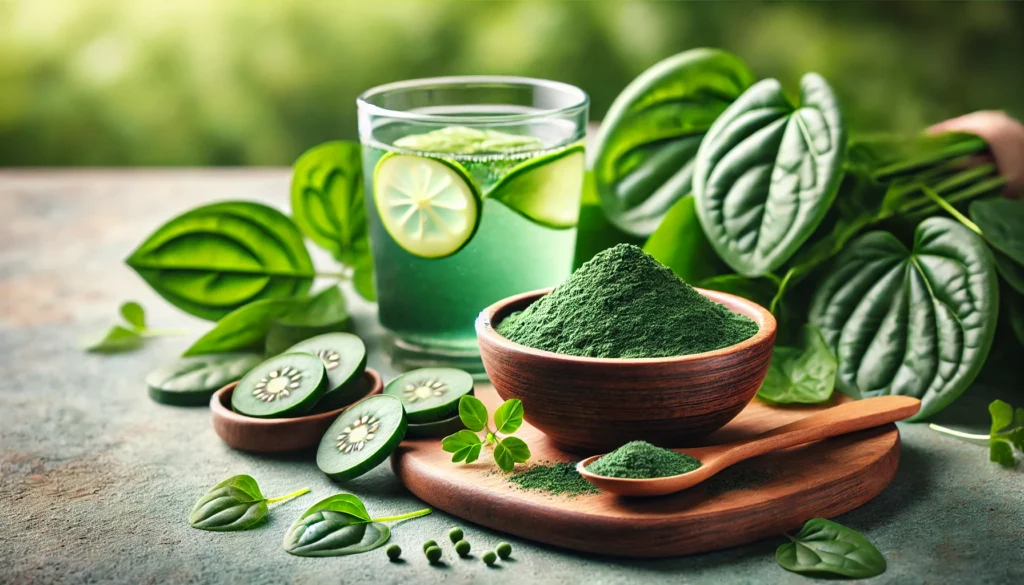 Chlorella Detox: How This Superfood Supports Natural Cleansing and Heavy Metal Removal 2 A serene detox concept featuring a bowl of chlorella powder next to fresh green leaves and a glass of infused detox water, emphasizing purity and the natural cleansing benefits of chlorella