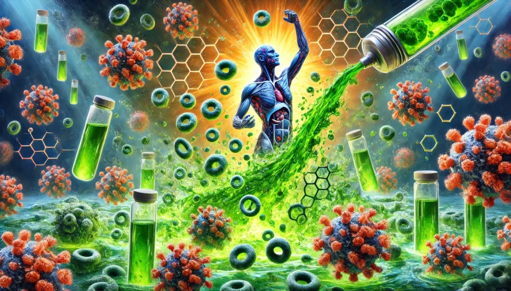 Chlorella Detox: How This Superfood Supports Natural Cleansing and Heavy Metal Removal 3 An artistic representation of heavy metal detoxification, depicting human cells being cleansed by vibrant green chlorella molecules, symbolizing the natural removal of toxins from the body