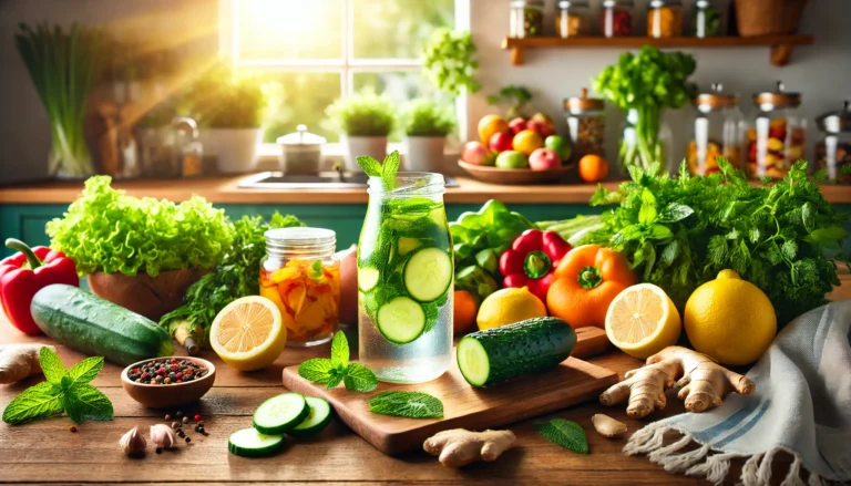 A detox-friendly kitchen featuring fresh organic vegetables, fruits, and detoxifying ingredients like lemon, ginger, and turmeric. A glass of infused water with cucumber and mint sits on a wooden countertop, illuminated by natural light, symbolizing a clean and healthy lifestyle.