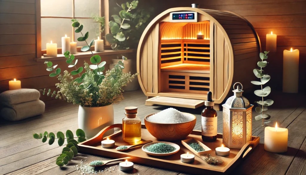 A serene home spa setup with an infrared sauna, detoxifying bath salts, and a wooden tray filled with herbal teas, essential oils, and fresh eucalyptus. Soft candlelight and a calming ambiance create the perfect environment for relaxation and natural detoxification