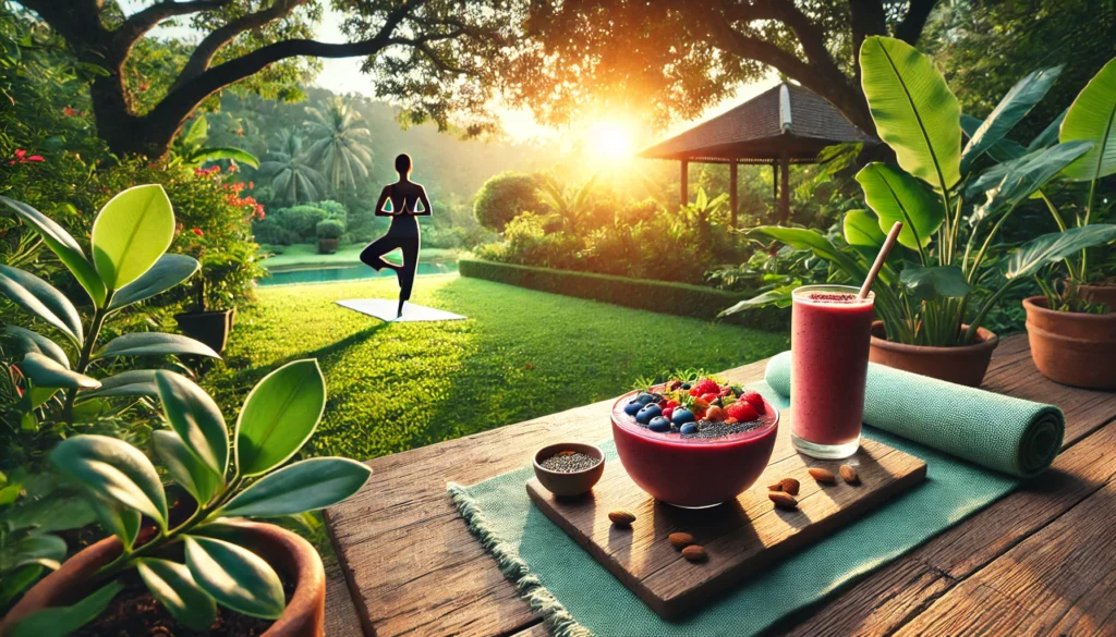 A peaceful outdoor garden where a person practices yoga at sunrise. A wooden table nearby holds a smoothie bowl filled with detox-friendly ingredients like berries, chia seeds, and almonds, symbolizing holistic detoxification and overall wellness