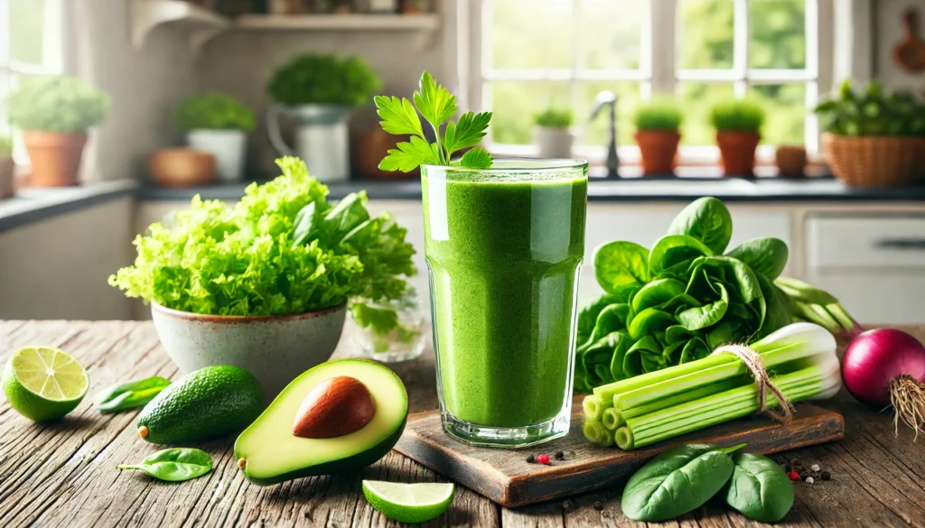 A vibrant green detox smoothie on a rustic wooden table, surrounded by fresh spinach, avocado, celery, and lime. The background features a bright and airy kitchen with potted herbs on the windowsill, representing a healthy and natural detox lifestyle