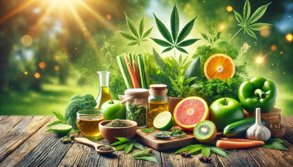 A vibrant image of fresh natural detox ingredients, including green leafy vegetables, citrus fruits, and herbal teas, arranged on a wooden table with a serene natural background, symbolizing a healthy THC detox process