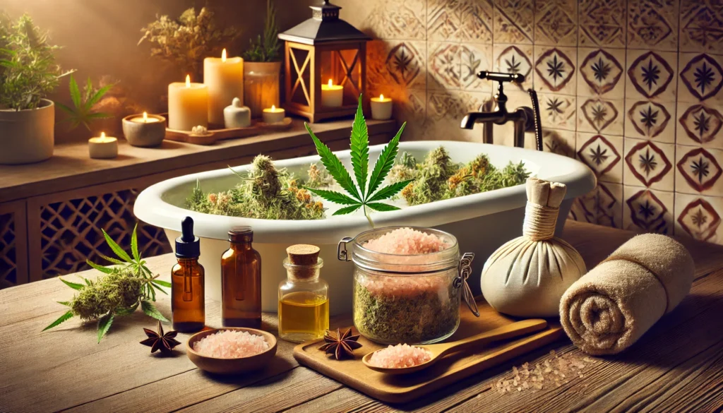 A high-resolution scene of a detoxifying bath with herbal infusions, Epsom salts, and essential oils in a spa-like bathroom, promoting relaxation and natural THC detoxification