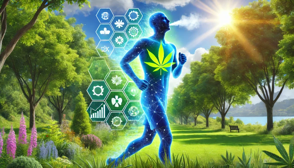 A widescreen image of a person jogging outdoors in a lush green park, sweating and exhaling deeply, representing the body's natural THC detox process through physical exercise and fresh air