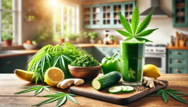 A stunning image of a green detox smoothie with fresh ingredients like kale, lemon, ginger, and cucumber on a wooden counter in a bright kitchen, symbolizing a natural cannabis detox