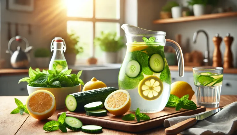 A refreshing glass pitcher filled with detox water infused with sliced lemons, cucumbers, and mint leaves, surrounded by fresh ingredients on a wooden kitchen countertop with natural light enhancing the vibrant colors