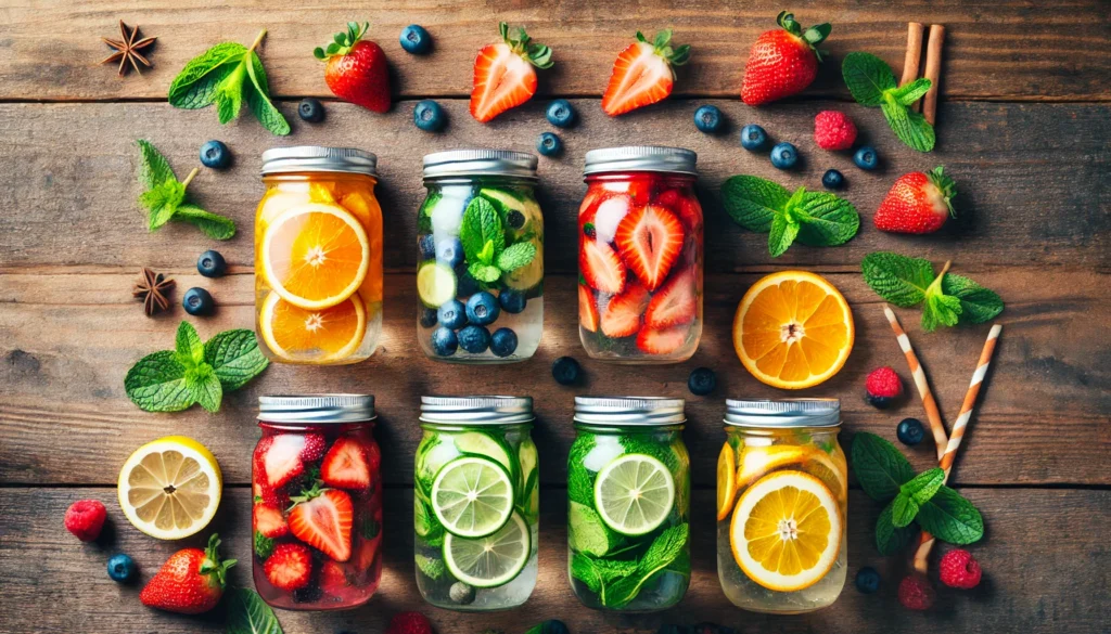 A top-down view of a wooden table displaying multiple detox water jars infused with strawberries, oranges, mint, and blueberries, creating a colorful and refreshing aesthetic