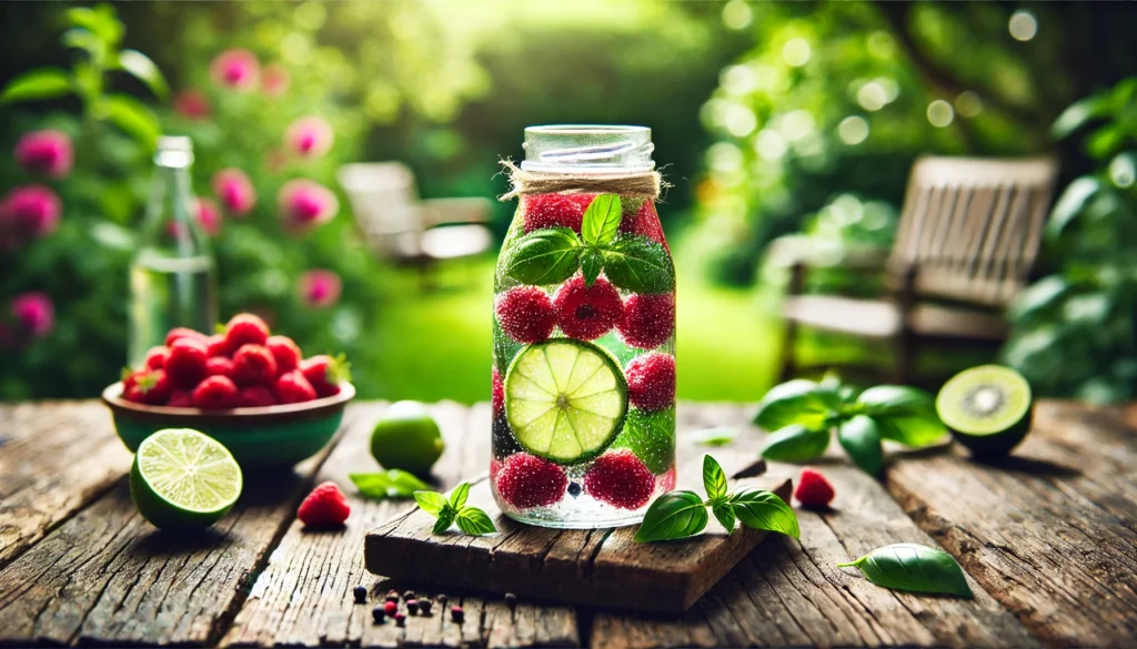 A close-up of a glass bottle filled with detox water infused with lime, raspberries, and basil leaves, placed on a rustic outdoor table with a lush green garden in the background