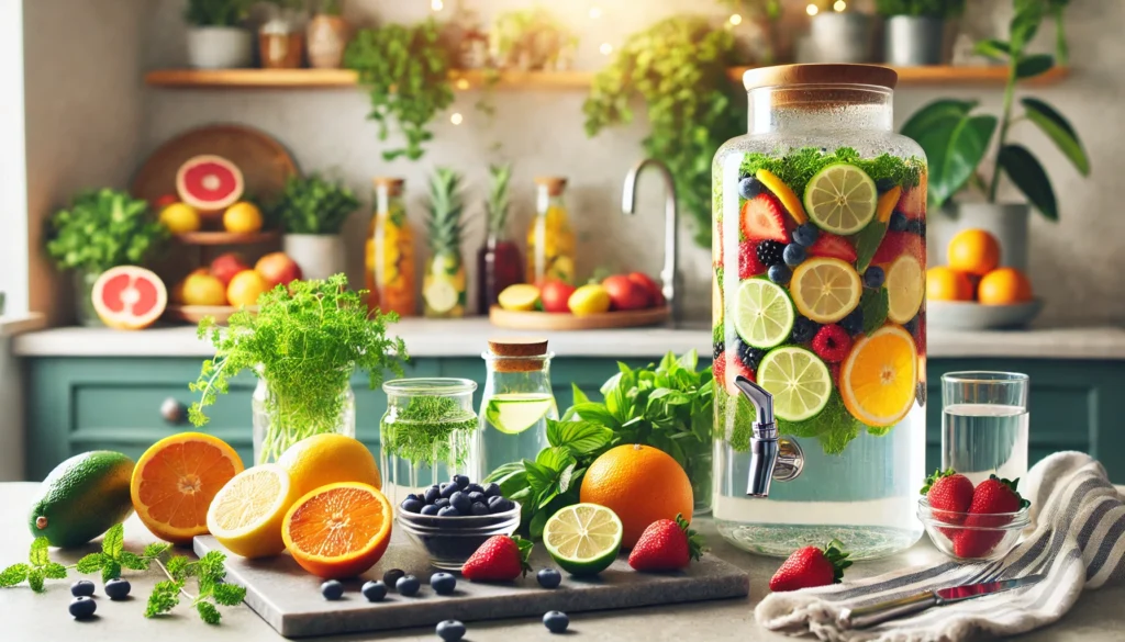 A beautifully arranged kitchen counter featuring detox water ingredients such as citrus fruits, berries, and fresh herbs next to a large glass dispenser filled with infused water, illuminated by bright natural lighting