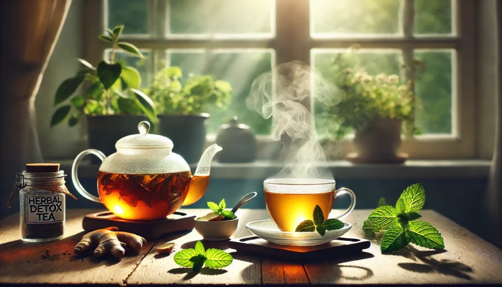 Best Time to Drink Detox Tea: How Timing Can Enhance Its Benefits 1 A serene morning scene featuring a steaming cup of herbal detox tea on a wooden table near a sunlit window, surrounded by fresh mint and ginger, creating a warm and rejuvenating atmosphere