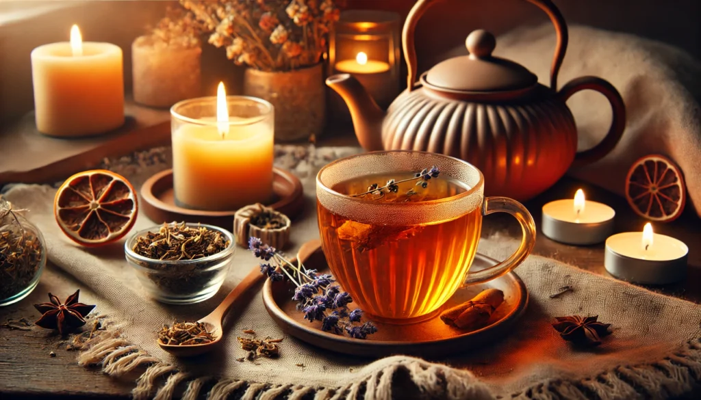 Best Time to Drink Detox Tea: How Timing Can Enhance Its Benefits 3 A cozy evening tea moment with a warm detox tea cup beside a softly glowing candle, surrounded by dried chamomile and lavender, perfect for relaxation and unwinding before bedtime