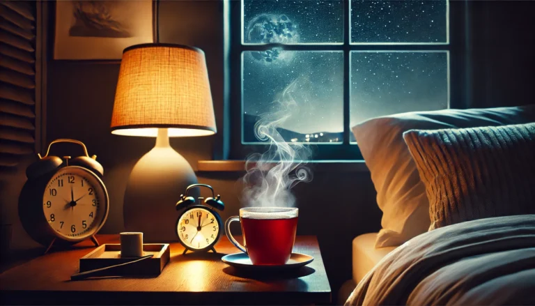 A tranquil nighttime setting with a steaming cup of detox tea on a bedside table, next to a dimly lit lamp, with a starry night sky visible through the window, creating a peaceful and calming atmosphere