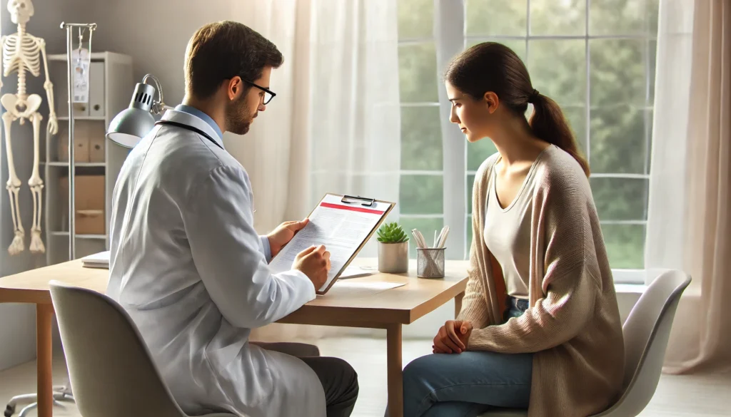  A serene medical setting where a doctor is consulting a patient about benzodiazepine withdrawal treatment. The doctor reviews medical charts while the patient listens attentively in a calm and supportive environment