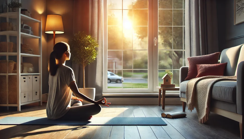 How to Safely Navigate Benzodiazepine Withdrawal: A Medically-Supported Benzo Detox Protocol 2 A peaceful home scene featuring a person practicing deep breathing on a yoga mat to manage benzodiazepine withdrawal symptoms. Natural light filters through an open window, creating a tranquil atmosphere