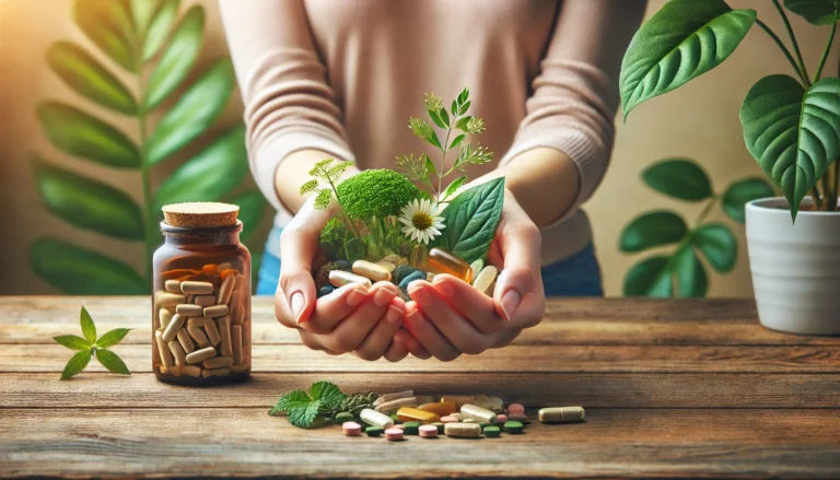 A close-up of hands holding herbal supplements and natural remedies for benzodiazepine withdrawal. The background features a softly lit, natural setting with green leaves and a wooden surface, symbolizing wellness and healing