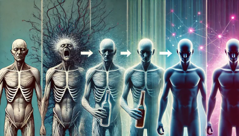 A medical-style illustration showcasing the stages of alcohol withdrawal, depicting a transition from distress in the early stage to a relaxed and healthy state in the later stages, with a shifting background from dark to light