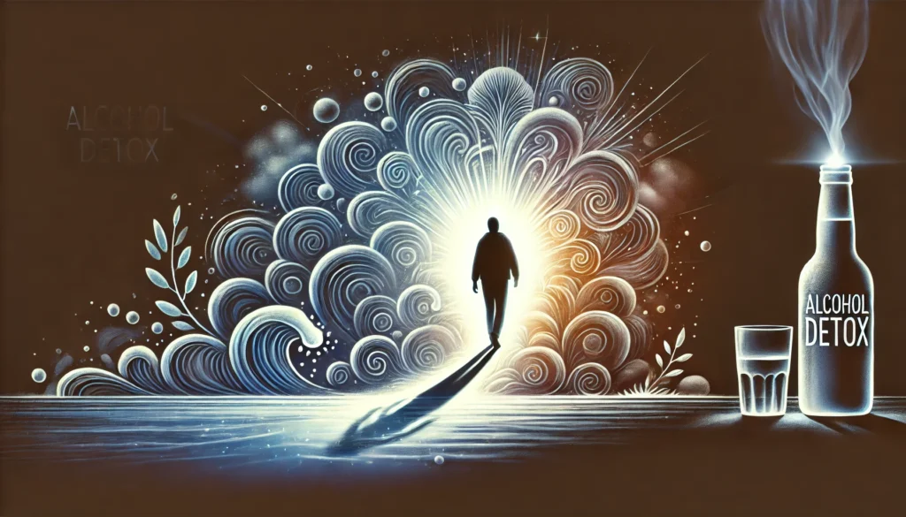 How Long Does It Take to Detox from Alcohol? A Comprehensive Timeline and Key Symptoms to Watch 2 A symbolic representation of alcohol detox, featuring a silhouette of a person emerging from a dark storm into a bright, clear environment, with swirling toxins dissipating as they step into a healthier state