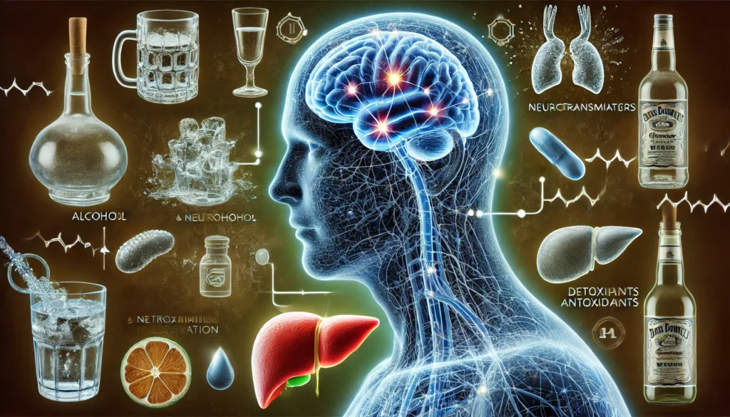 How Long Does It Take to Detox from Alcohol? A Comprehensive Timeline and Key Symptoms to Watch 3 A scientific visualization of alcohol's impact on the brain and body during detoxification, showing neural pathways adjusting and the liver regenerating, surrounded by detoxifying elements like water and antioxidants