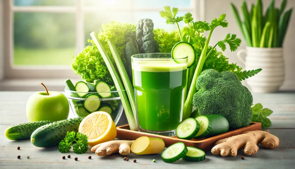 A vibrant detox scene featuring a glass of green detox juice surrounded by fresh ingredients like kale, cucumber, celery, ginger, and lemon in a bright kitchen setting with natural light emphasizing health and freshness