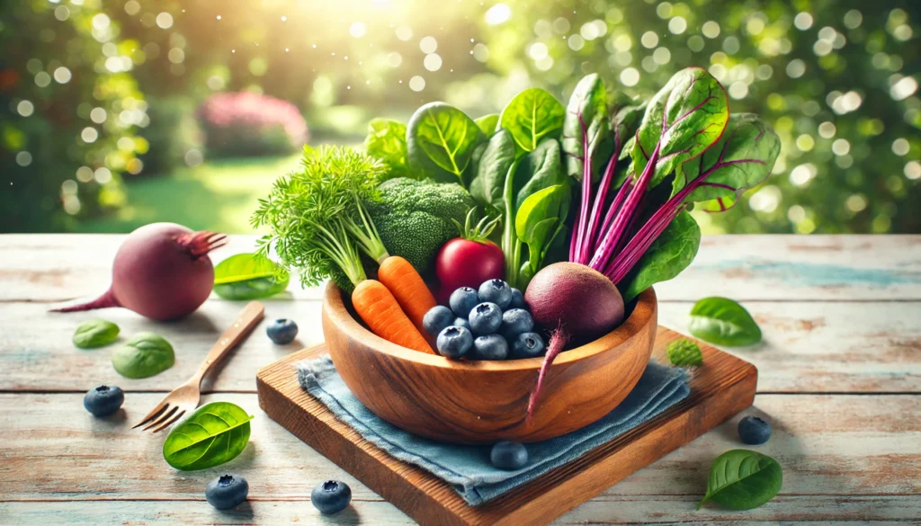 A visually appealing detox concept showing a wooden bowl filled with fresh fruits and vegetables, including blueberries, carrots, beets, and leafy greens, with a softly blurred outdoor background featuring sunlight filtering through trees