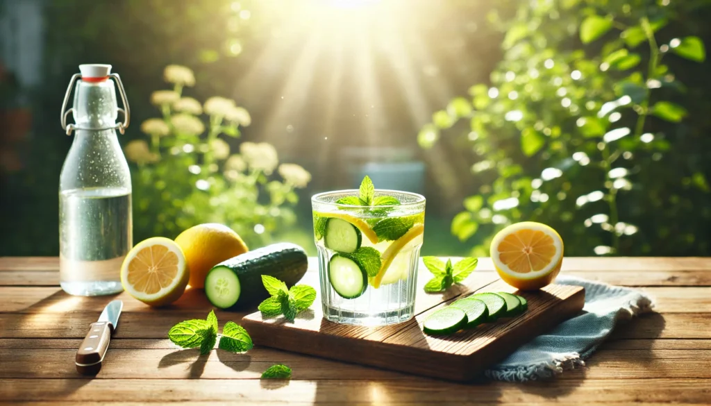 A serene detox-themed image showcasing a glass of infused detox water with lemon, cucumber, and mint, placed on a wooden table against a sunlit garden background, symbolizing hydration, purity, and natural cleansing