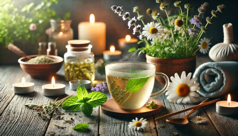A peaceful detox scene featuring a spa-like setting with a steaming cup of herbal detox tea, fresh herbs like mint and chamomile, and a background of soft candlelight, evoking relaxation, cleansing, and well-being