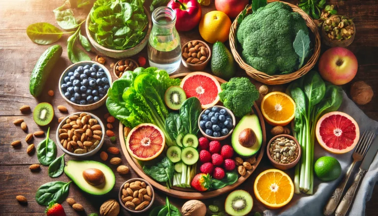 A vibrant spread of detoxifying foods including leafy greens, citrus fruits, berries, avocados, nuts, and seeds, arranged on a wooden table with natural lighting, symbolizing clean eating and nourishment