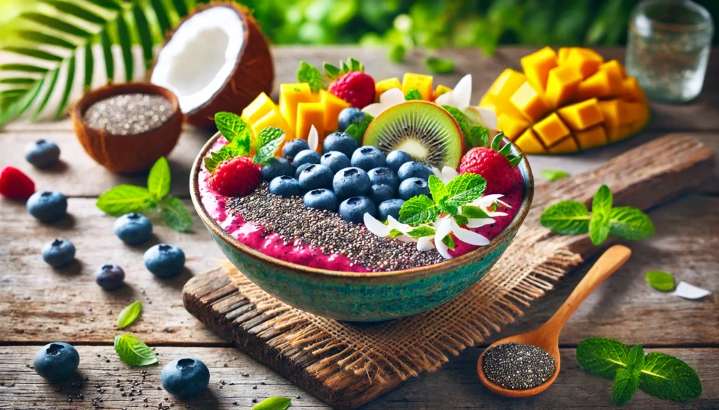 7-Day Detox Meal Plan: A Science-Backed Guide to Cleanse, Nourish, and Rejuvenate Your Body 1 A refreshing detox smoothie bowl featuring blueberries, mango, and kiwi, topped with chia seeds, coconut flakes, and fresh mint, placed on a rustic wooden surface with green foliage in the background
