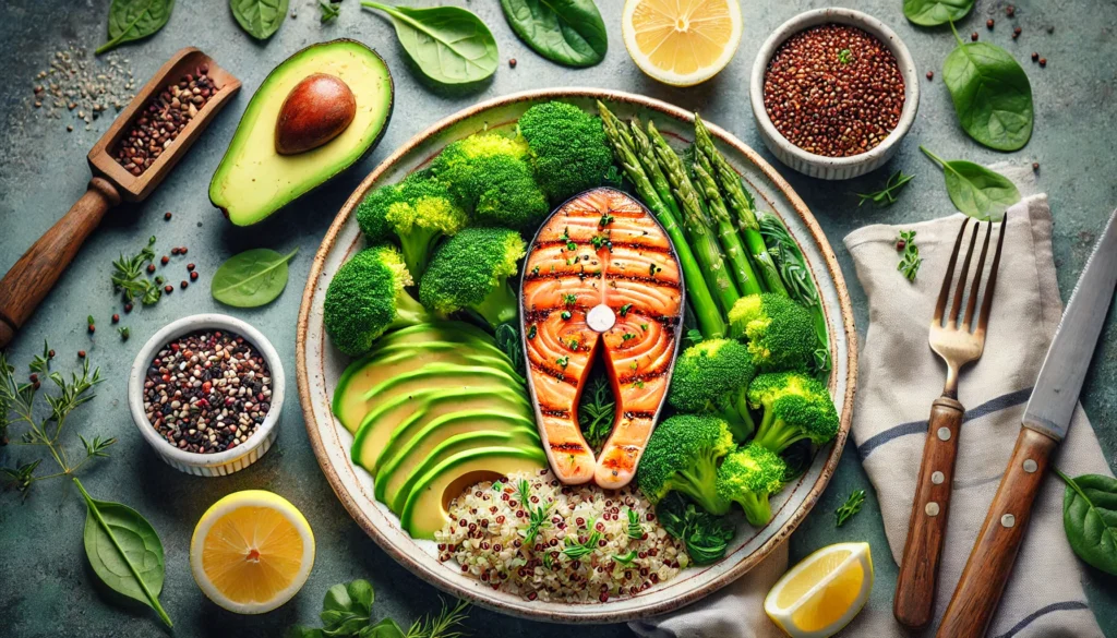 7-Day Detox Meal Plan: A Science-Backed Guide to Cleanse, Nourish, and Rejuvenate Your Body 2 A balanced detox meal with grilled salmon, steamed broccoli, quinoa, and avocado slices, served on a ceramic plate with fresh herbs and lemon wedges, emphasizing clean and nutritious eating