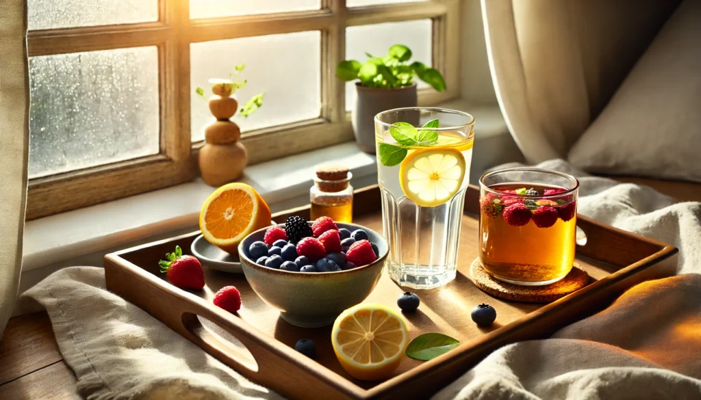 7-Day Detox Meal Plan: A Science-Backed Guide to Cleanse, Nourish, and Rejuvenate Your Body 3 A serene morning detox scene featuring a glass of warm lemon water, a bowl of fresh berries, and detox herbal tea on a wooden tray near a sunlit window, evoking cleansing and well-being