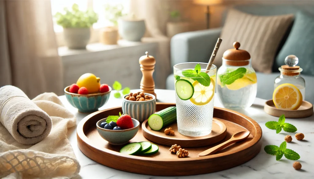 Best Weekend Detox Cleanse Tips: How to Reset Your Body Safely and Effectively 1 A spa-like setting featuring a wooden tray with a glass of detox water infused with lemon, cucumber, and mint, accompanied by fresh berries and nuts on a marble countertop with soft natural lighting
