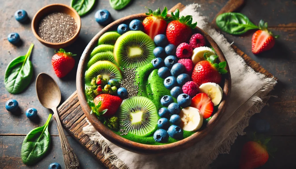 Best Weekend Detox Cleanse Tips: How to Reset Your Body Safely and Effectively 2 A vibrant smoothie bowl filled with detoxifying ingredients like kiwi, blueberries, strawberries, bananas, and a green base of matcha or spinach, placed on a rustic wooden table with chia seeds and nuts