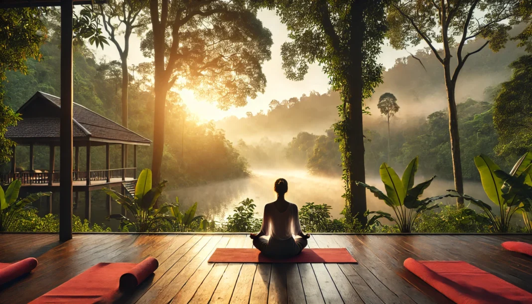 A peaceful outdoor yoga session at sunrise with a person meditating on a wooden deck overlooking a lush forest, surrounded by mist and natural beauty for a rejuvenating detox experience